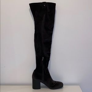 Black velvet thigh-high heeled boots